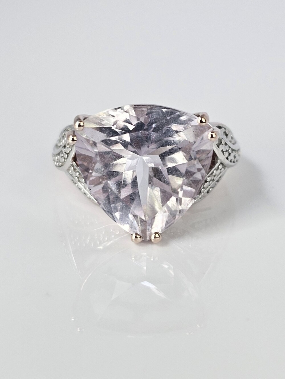 Lovely Genuine Kunzite & Diamond Ring 18K Rose Gold Vermeil Size 7!